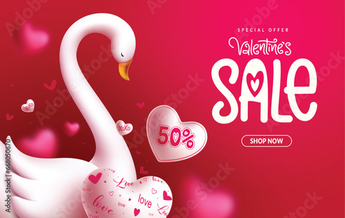 Valentine's sale text vector design. Happy valentine's day special offer text with swan love elements for shopping discount background. Vector illustration hearts day promo advertisement.
