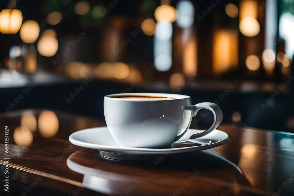 cup of tea on the table with bokeh light background