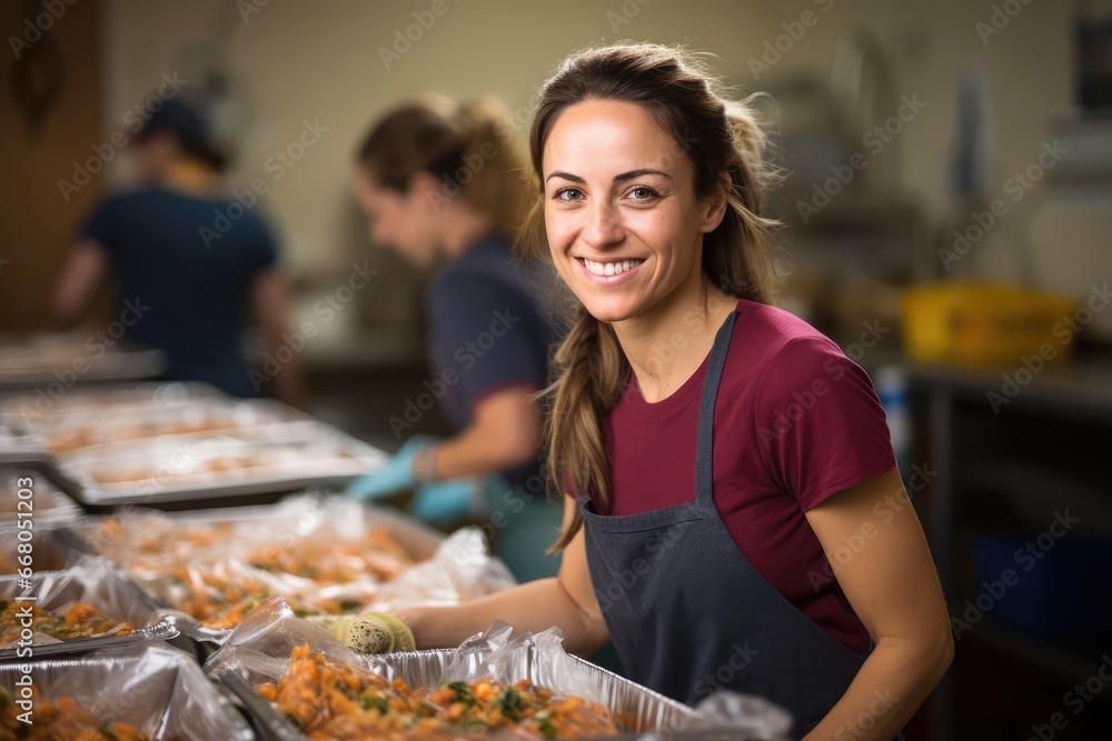 Community Volunteer - Portrait of a smiling volunteer packing food for a local charity - Everyday Hero - AI Generated