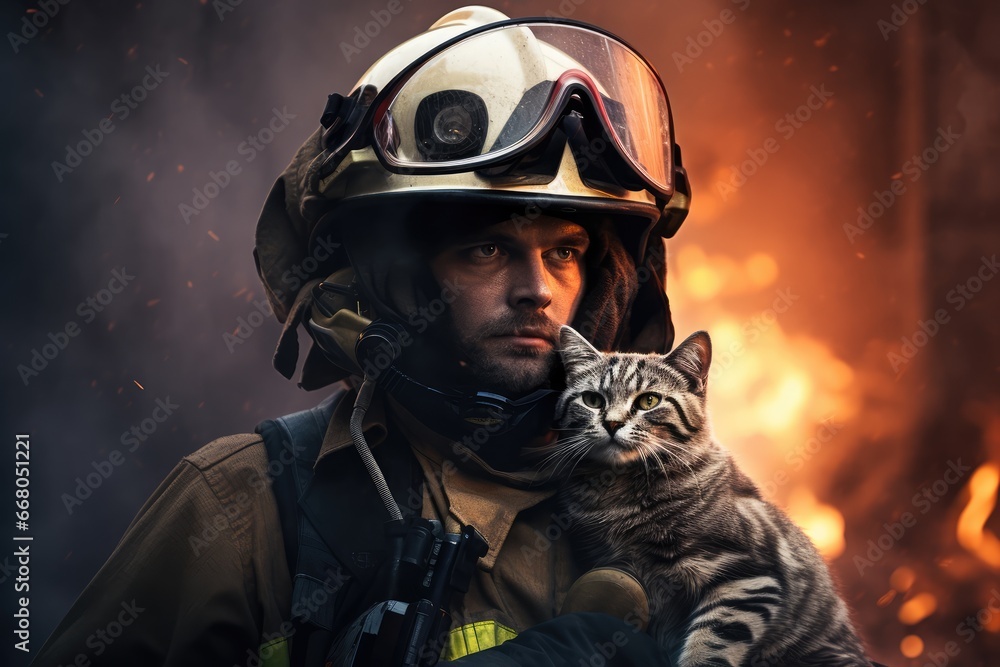 Everyday Heroes – Firefighter holding a Cat – Saving Pet - AI Generated Everyday Heroes – Firefighter holding a Cat – Saving Pet - AI Generated