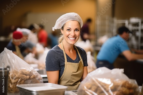 Community Volunteer - Portrait of a smiling volunteer packing food for a local charity - Everyday Hero - AI Generated