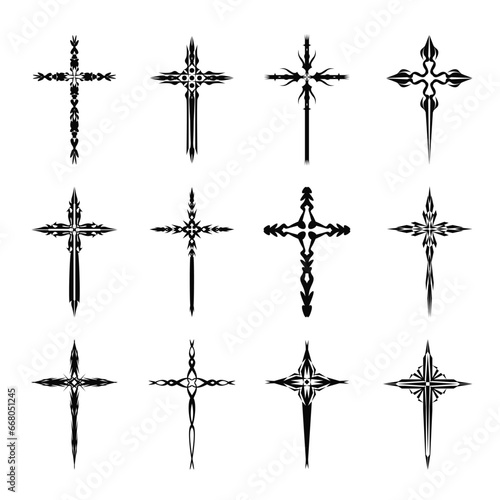 Christian cross vector icon symbols.  Abstract christian religious belief or faith art illustration for orthodox or catholic design. The symbol of the cross in various designs used in tattoo.	