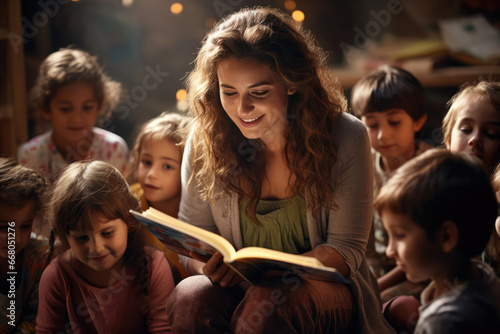 Kindergarten Teacher - Enthusiastic teacher reading a storybook to an engaged group of toddlers - Everyday Hero - AI Generated