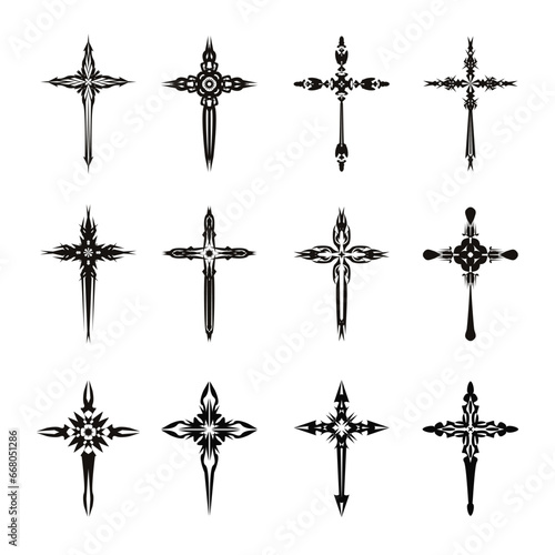 Christian cross vector icon symbols.  Abstract christian religious belief or faith art illustration for orthodox or catholic design. The symbol of the cross in various designs used in tattoo.