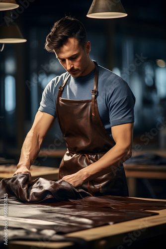 Handsome young man in apron and apron working in leather workshop