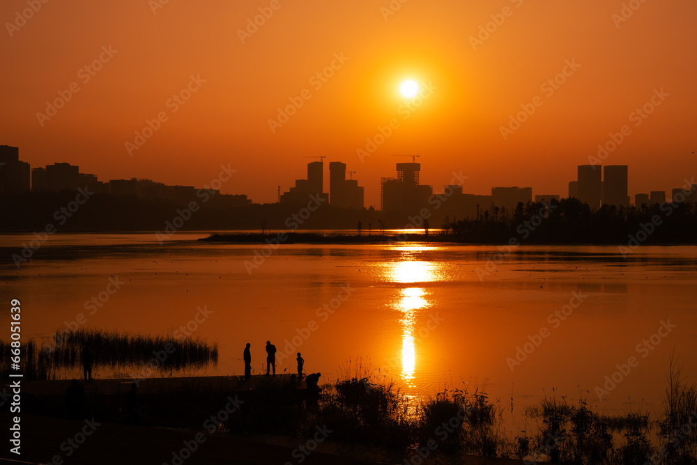 The Romantic Sunset of Xinglong Lake in Tianfu New Area, Chengdu