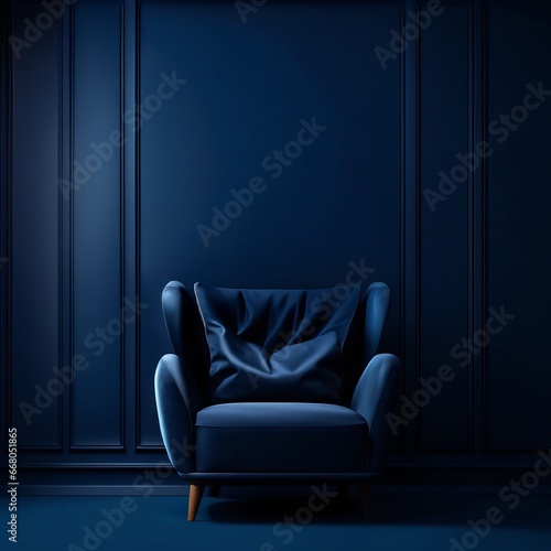 The interior has an armchair on empty dark blue wall background, Generative AI