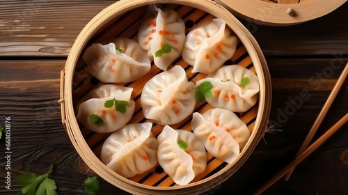 Homemade dumplings dim sum with stuffed shrimp close-up in a bamboo steamer box on the table. Horizontal top view from above