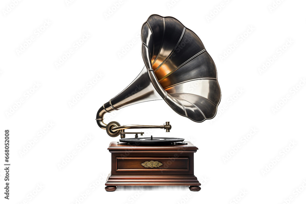 Fototapeta premium Vintage Gramophone with Isolated Horn on transparent background.