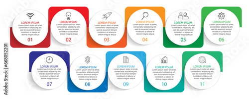 Business Infographic Template Design. Time line minimal concept with 11 options steps and marketing icons. Vector linear infographic with eleven connected elements. Can be used for your business gifts