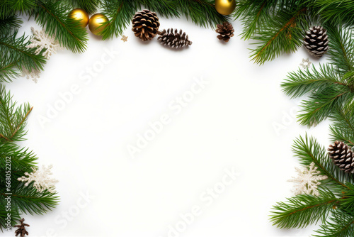 Pine branch with cones and ornaments on it, with white background.