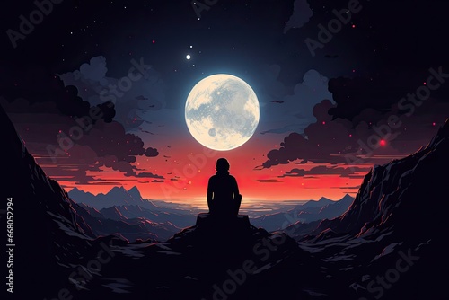 person in unreal landscape looks to the moon illustration