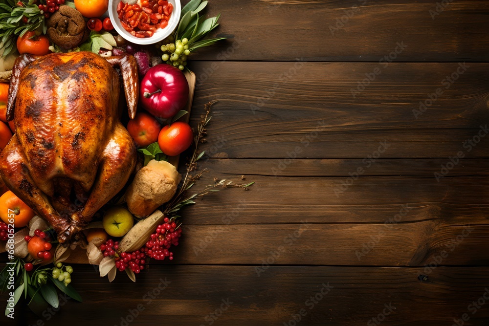 Thanksgiving-Freuden: Leckeres Festessen mit Truthahn und reichhaltigem Tisch - obrazy, fototapety, plakaty 