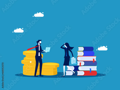 Course or study fees. Businesswoman holds tuition bill with pile of money and books. vector