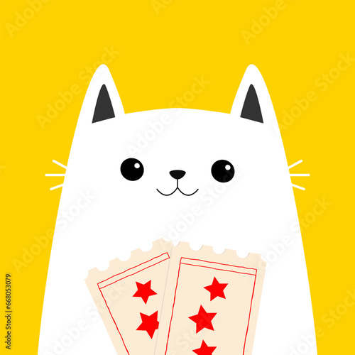 White cat holding movie tickets. Cute cartoon funny character. Cinema theater. Kitten watching movie. Film show. Kids sticker print. Flat design. Yellow background. Isolated.