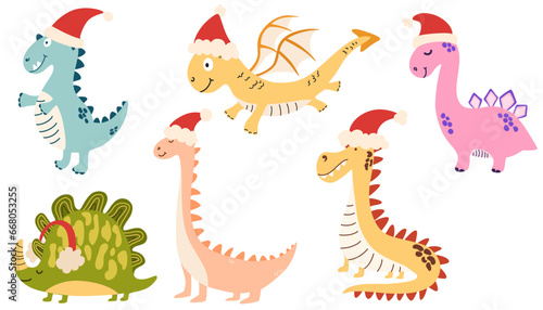 Dragons in a Santa Claus hat. Cute dinosaurs for New Year and Christmas. Symbol of 2024. Vector hand drawn illustration.