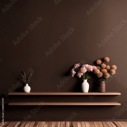 Interior wall mock up with flower vase dark brown wall and wooden shelf  Generative AI