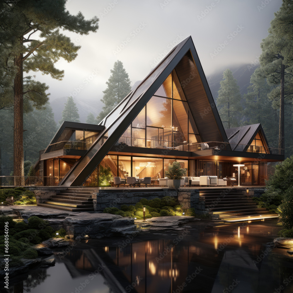 Fototapeta premium Futuristic mountain retreat bathed in morning mist 