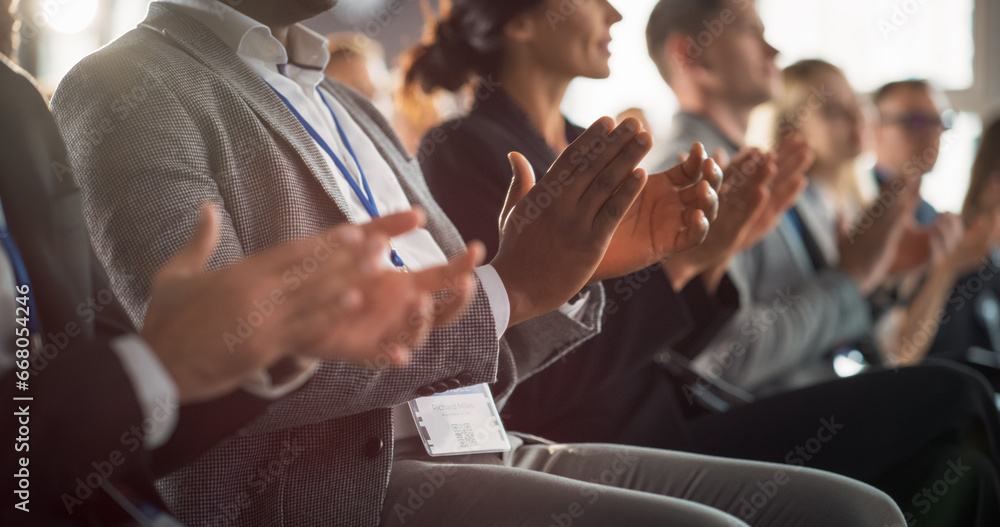 Close Up on Hands of Audience of People Applauding in Concert Hall During Business Forum Presentation. Technology Summit Auditorium Room With Corporate Delegates. Excited Entrepreneurs Clapping. Close Up on Hands of Audience of People Applauding in Concert Hall During Business Forum Presentation. Technology Summit Auditorium Room With Corporate Delegates. Excited Entrepreneurs Clapping.