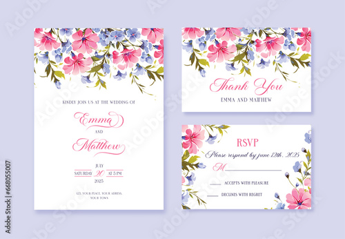 Watercolor Wedding invitation with wild flowers, thank you and rsvp cards, vector template.