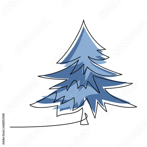 Blue Christmas fir tree line continuous drawing. Hand drawn illustration, graphic design, print, banner, card, poster, sign, symbol, logo, holiday decor, outline icon, cartoon, doodle drawing.