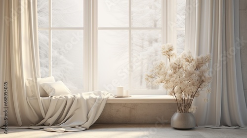 White vase with dry flowers on the windowsill in winter photo