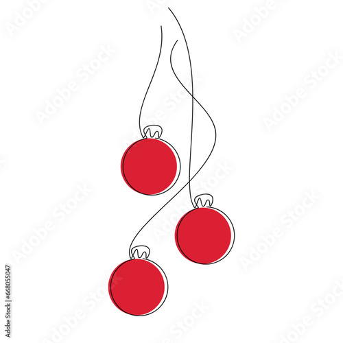 Vector Christmas tree ball bauble red ribbon bow line continuous drawing. Hand drawn illustration, graphic design, print, banner, card, poster, sign, symbol, festive ornament, holiday decor.