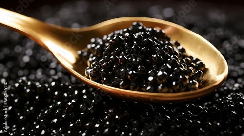 Metal spoon and black caviar, closeup