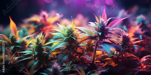 leaves of flowering cannabis marijuana bushes with buds on bright hallucinogenic neon psychedelic background photo