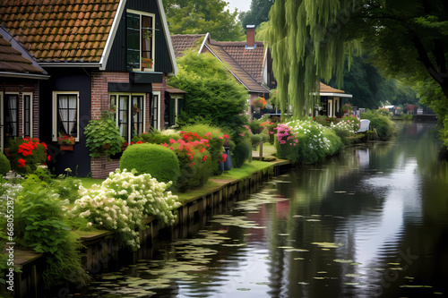 beautiful homes, gardens and trees on serene sun dappled country canal