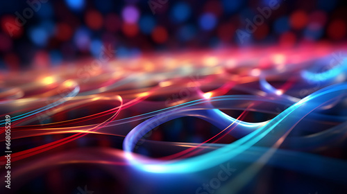 abstract background with lights, abstract blue red green neon background with unfocussed glowing lines and bokeh lights. Blurry wallpaper, 3d render