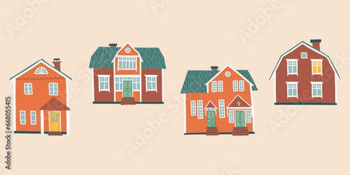 Set of hand drawn Scandinavian houses. Countryside Swedish cottages. Retro buildings. Flat style vector illustration.
