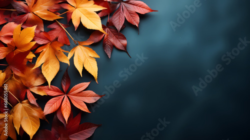 red Autumn leaves background on dark blue background. Top view, copy space