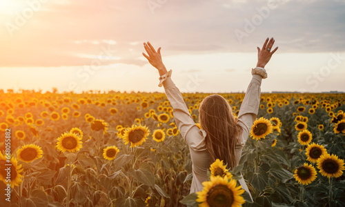 Woman in Sunflower Field: Happy girl in a straw hat posing in a vast field of sunflowers at sunset, enjoy taking picture outdoors for memories. Summer time. photo