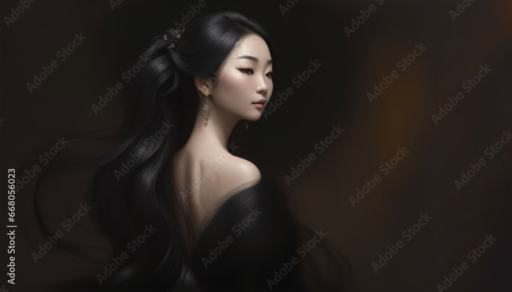 Fototapeta premium Beautiful Asian woman with long hair in black dress, Ai Generated