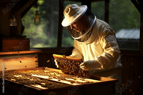 A beekeeper takes care of a hive of bees. A researcher monitoring a beehive's health and activity