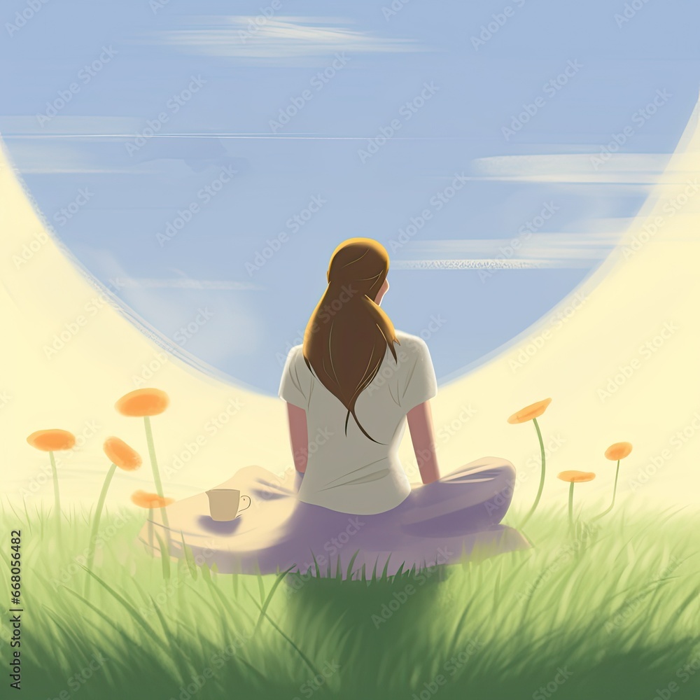 An illustration of a lonely woman enjoying her life, reflexing existence and contemplating peace and calmness. Mental health awareness. A happy and free person. Fluids and good vibes. Positive energy