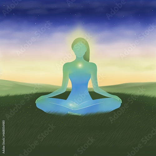 The woman is meditating in a field. Mysterious energetic spirit during mental relaxation. Fluid simplicity. Inner light. Radiating good vibes, positive energy and optimistic thoughts. Aura © grooveisintheheart