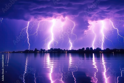 Group Of Lightning Strikes Over Lake, Purple Lighting