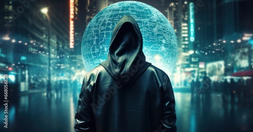 a hooded hacker figure juxtaposed against a digital world globe
