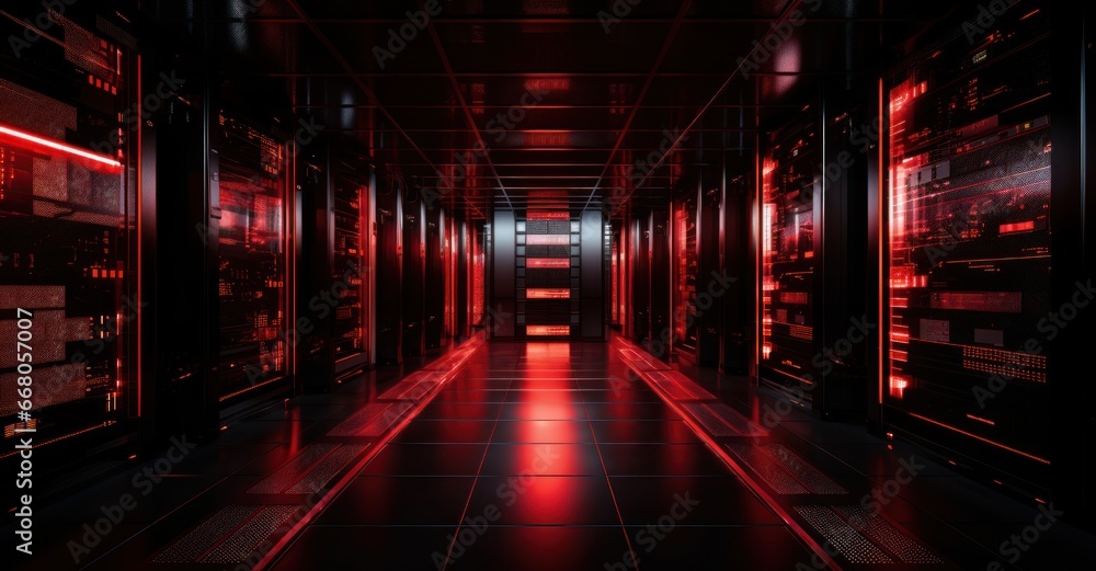 Dramatic capture of a server room with red alert lights indicating a breach - obrazy, fototapety, plakaty 