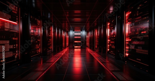 Dramatic capture of a server room with red alert lights indicating a breach photo