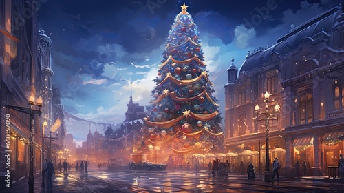 An image of a Christmas tree located in the middle of the city center.