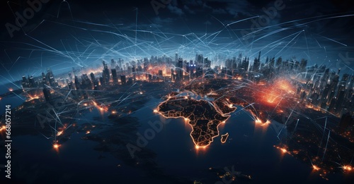 visualization of a cyberattack on a global network, showing real-time data breaches in major cities