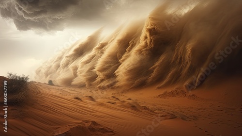 Image of a sandstorm, with swirling sand dust and dirt clouds.