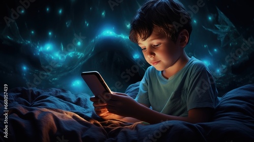 Young Boy on Bed with Phone