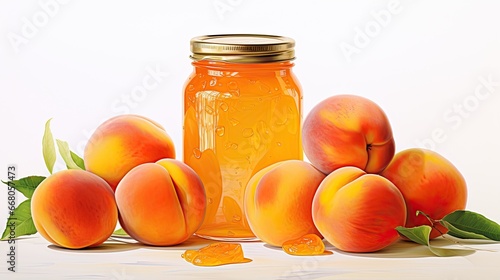 Jar of homemade peach jam on a clean white background.