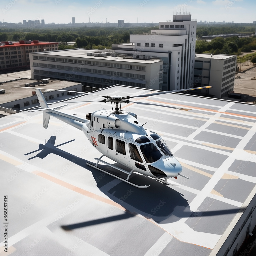 medical transport helicopter or Offshore Transport Helicopter on hospital rooftop. 