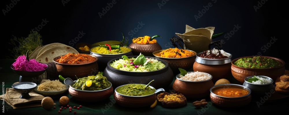 Indian Cuisine Displayed On Dark Table, Exuding Richness Indian Cuisine Displayed On Dark Table, Exuding Richness