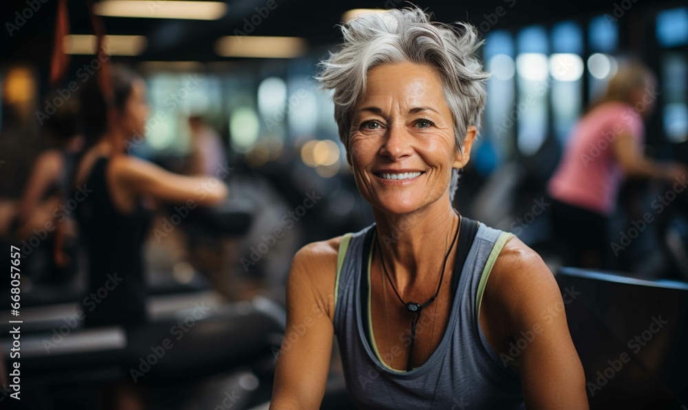 Fototapeta premium Joyful Woman with Gray Hair Smiling and Exercising, Close-up Portrait